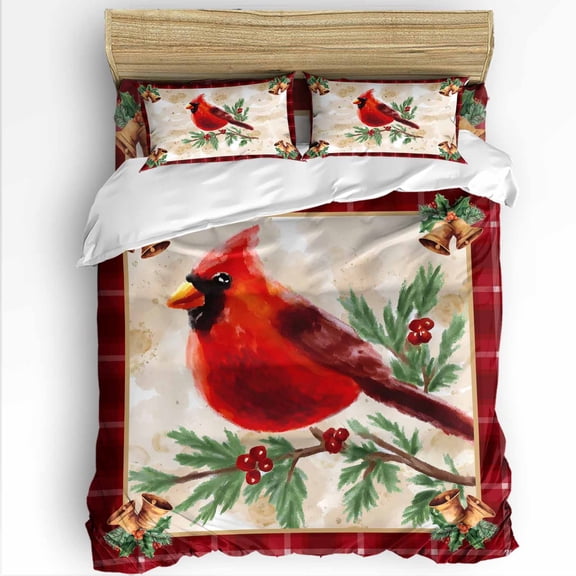 Christmas Cardinal Twin Size Comforter Set, Red Bird Berry Holly Bells Red Plaid Soft Bedding for All Seasons, 4 Pcs Bed Set with 1 Comforter (68"x86") ,1Sheet(66"x116"), 2 Pillowcases (19"x29")
