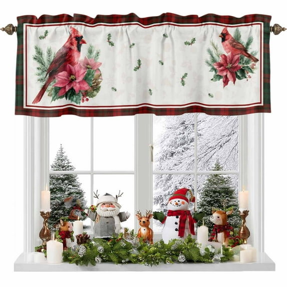 Christmas Cardinal Valances for Windows, 42 x 18in, Red Bird Poinsettia Leaf Winter Plaid Rod Pocket Kitchen Valance Curtain Light Filtering Window Treatments for Living Room Bedroom, 1 Panel
