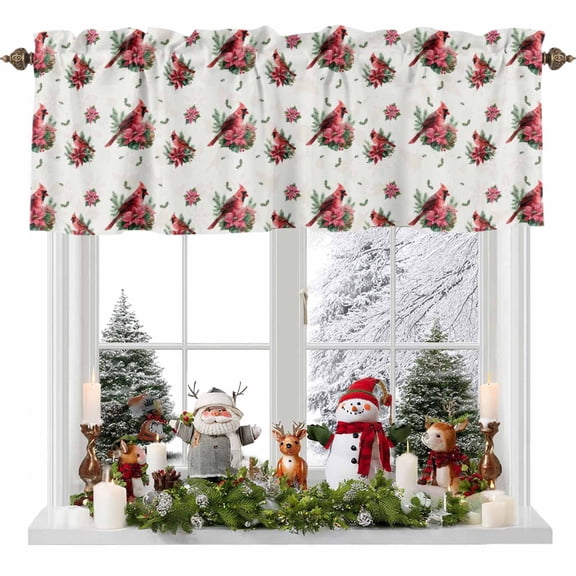 Christmas Cardinal Valances for Windows, 54 x 18in, Red Bird Poinsettia Leaf Winter Rod Pocket Kitchen Valance Curtain Light Filtering Window Treatments for Living Room Bedroom, 1 Panel