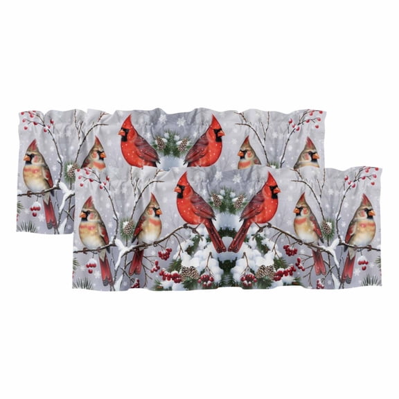Christmas Cardinal Valances for Windows, Decorative Rod Pocket Window Valance Curtains, Winter Farmhouse Red Bird Berry Needle Short Curtain Drapes for Kitchen/Living Room, 2 Panels, 42" W x 12" L