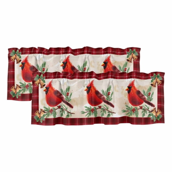 Christmas Cardinal Valances for Windows, Decorative Rod Pocket Window Valance Curtains, Winter Red Bird Vintage Xmas Berry Leaf Short Curtain Drapes for Kitchen/Living Room, 2 Panels, 42" W x 12" L