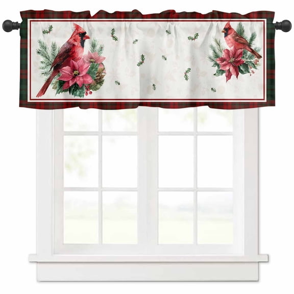 Christmas Cardinal Valances for Windows, Red Bird Poinsettia Leaf Winter Plaid Light Filtering Window Treatment Valances, Rod Pocket Small Curtains for Kitchen/Bathroom, 60"x14"
