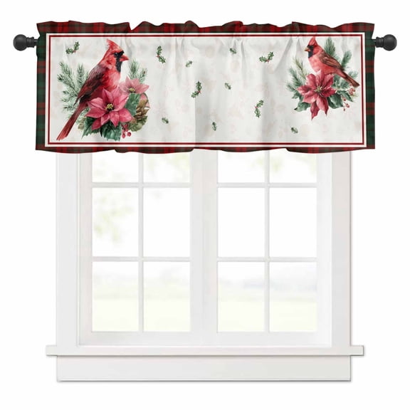 Christmas Cardinal Valances for Windows Red Bird Poinsettia Leaf Winter Plaid Rod Pocket Curtain Valance Window Treatment Short Curtains for Kitchen Living Room, 42"x12"