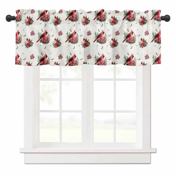 Christmas Cardinal Valances for Windows Red Bird Poinsettia Leaf Winter Rod Pocket Curtain Valance Window Treatment Short Curtains for Kitchen Living Room, 42"x12"