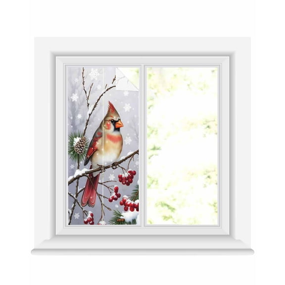 Christmas Cardinal Window Privacy Film Stained Glass Window Film Decorative Windows Cover Static Windows Cling for Glass Door Winter Farmhouse Red Bird Berry Needle Stickers for Bathroom 19.6"x39.3"