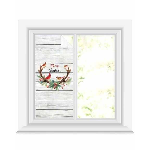 Christmas Cardinal Window Privacy Film Stained Glass Window Film Decorative Windows Cover Static Windows Cling for Glass Door Winter Xmas Farmhouse Holly Wood Grain Stickers for Bathroom 17.7"x39.3"