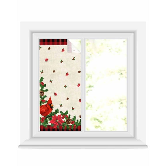 Christmas Cardinal Window Privacy Film Stained Glass Window Film Decorative Windows Cover Static Windows Cling for Glass Door Winter Xmas Poinsettia Holly on Linen Stickers for Bathroom 17.7"x39.3"