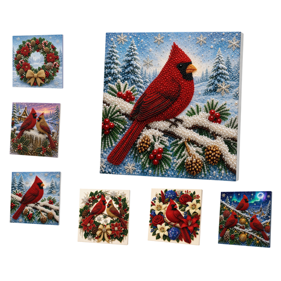 Christmas Cardinal Winter Cottage Pearl Art Kit, Layered Shimmer Pearl Rhinestone Cardinal Canvas Craft, Wrinkle Resistant Printed Base for Indoor Xmas Wall Ornament (C)
