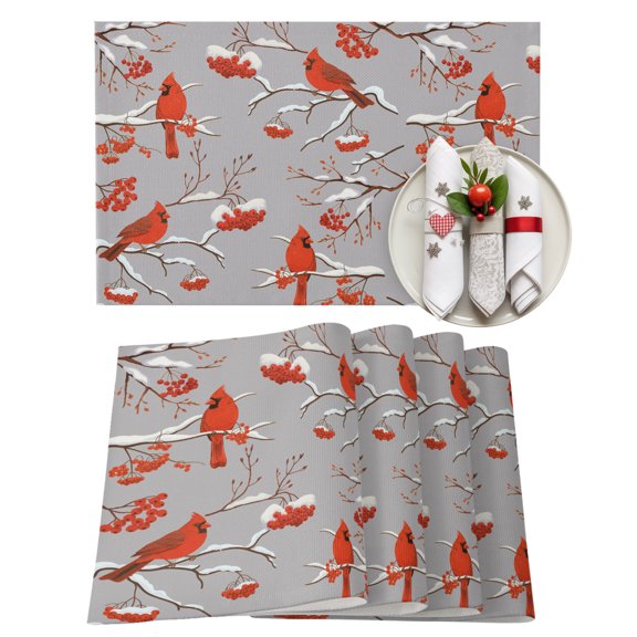 Christmas Cardinal Winter Snowflake Placemats Set of 6,Wipeable Washable Table Mats for Dining Tables, Country Berry on Gray Place Mats for Kitchen Event Party Tabletop Decor