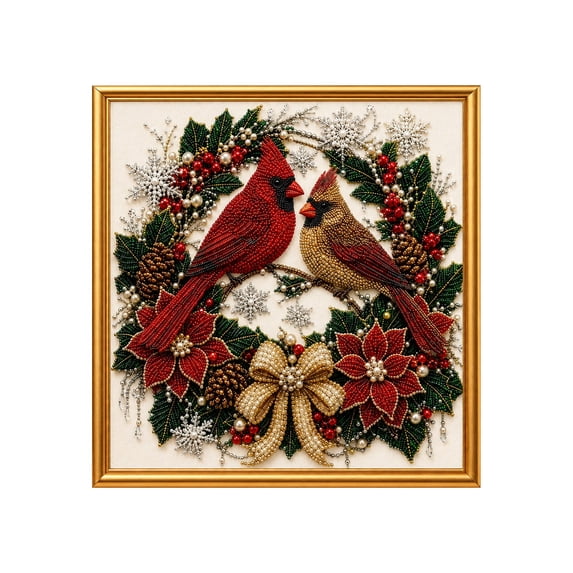 Christmas Cardinal Wreath Pearl Diamond Art Kit for Adults, DIY 3D Pearl Bead Painting with Frame, Holiday Wall Decor Craft for Beginners