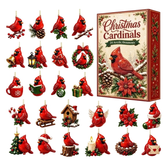 Christmas Cardinals Advent Calendar 2026 - 24-Day 2D Festive Countdown, Acrylic Charms Blind Box - Gift For Family Members, Cardinal Lovers, Bird Themed Xmas Ornaments