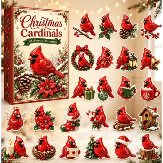 Christmas Cardinals Advent Calendar 2026 , 24-Day Festive Countdown, 2D Acrylic Charms Blind Box - Gift For Family Members, Cardinal Lovers