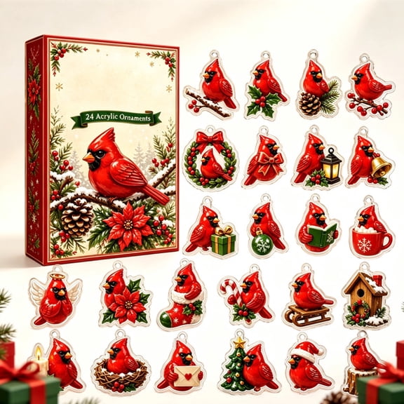 Christmas Cardinals Advent Calendar , 24-Day Christmas Festive Countdown, 2D Acrylic Charms Blind Box - Gift for Family Members, Cardinal Lovers