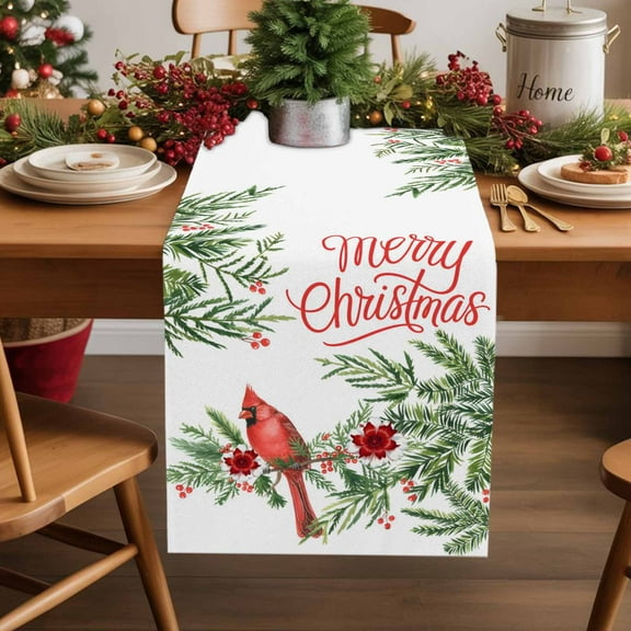 Christmas Cardinals Bird on Pine Branches Table Runner 13x48in Non-Slip Cotton Linen Table Runners, Green White Red Dresser Scarves TableRunner for Dinner Kitchen Dining Wedding Party