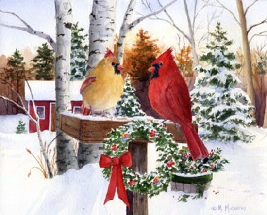 Christmas Cardinals Canvas Art - Maureen Mccarthy (20 x 16)