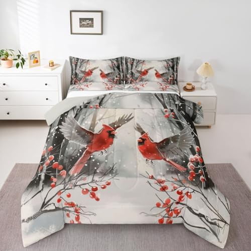 Christmas Cardinals Comforter Set Twin Size Merry Xmas Kids Bedding Set Red Berries Branches Duvet Insert Winter Theme Rustic Down Comforter for Boys Girls Teens Adult Room