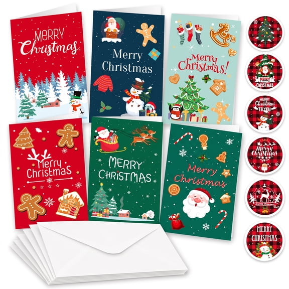 Christmas Cards Assortment 6 Pack Gold Foil Glitter Watercolor Xmas Cards with Envelopes & Pre-Printed Messages 6 Patterns for Friends Family Kids Boys Girls