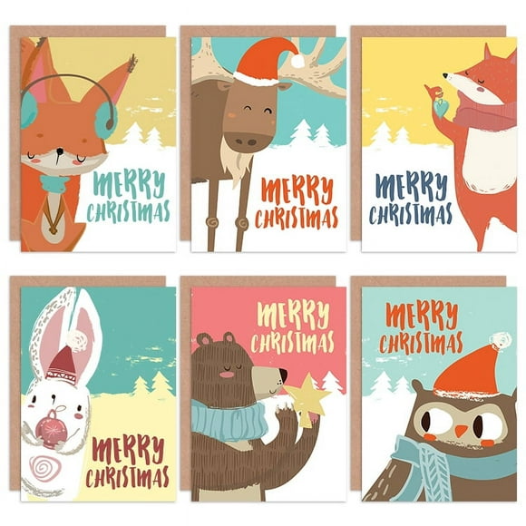 Christmas Cards Cute Baby Winter Animals Kids Set Blank Greeting Cards With Envelopes Pack of 6