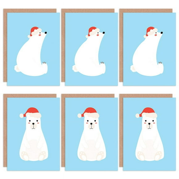 Christmas Cards Cute Polar Bear Kids Santa Hat Blank Greeting Cards With Envelopes Pack of 6