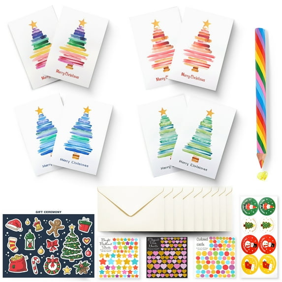 Christmas Cards Set of 8 Cards and Envelopes DIY Holiday Greeting Cards Bulk with 5 Stickers and 4 Color in 1 Rainbow Pencils Funny Xmas Cards for Kids and Family