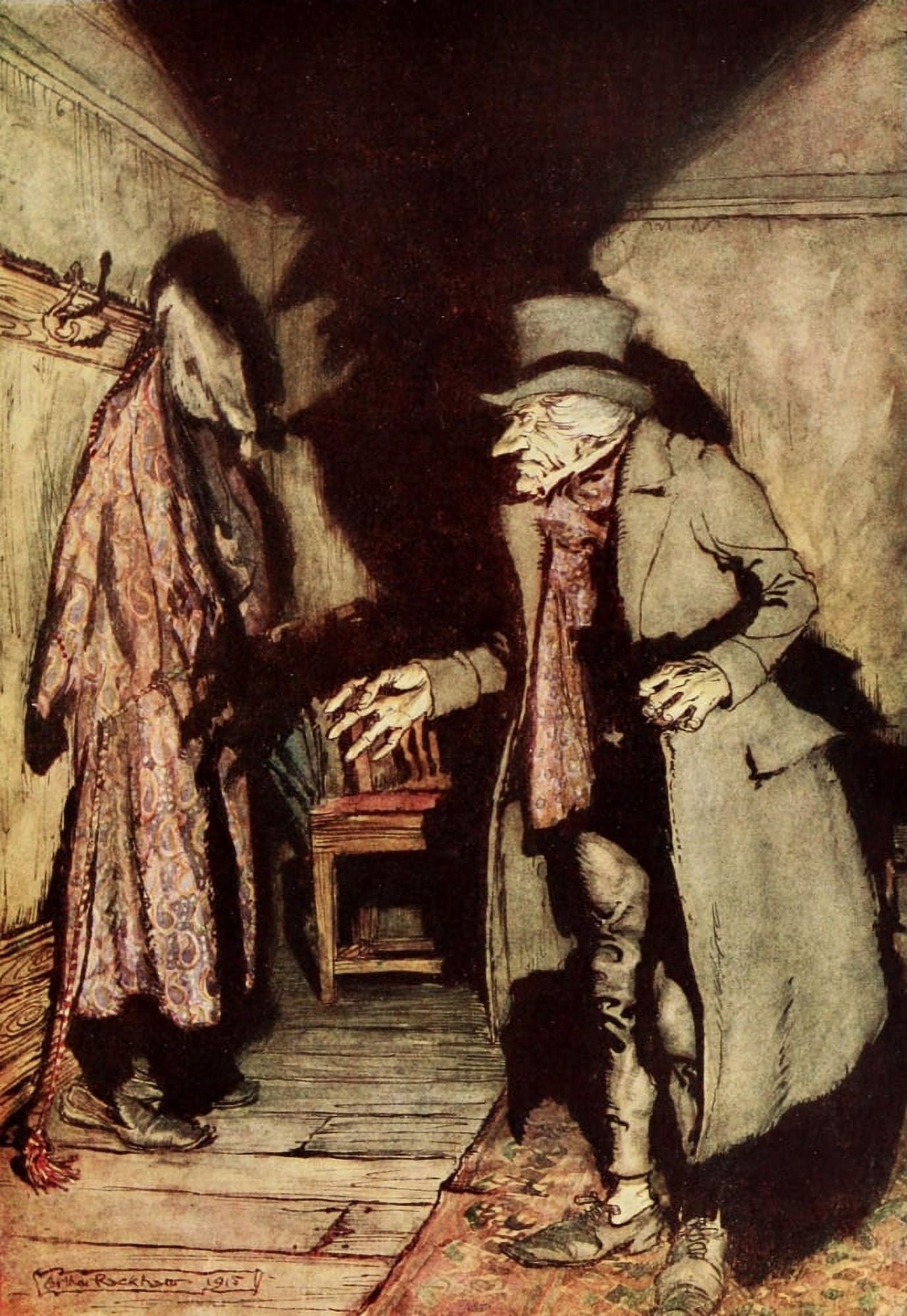 Christmas Carol 1915 Scrooge looking for ghosts Canvas Art - A Rackham (18 x 24)