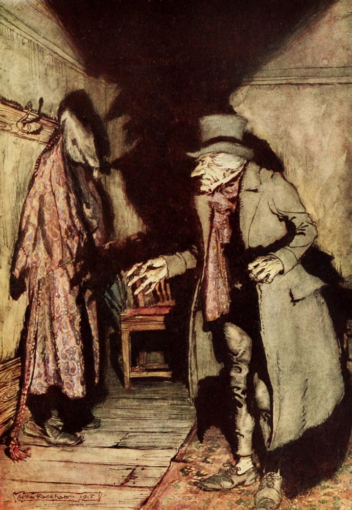 Christmas Carol 1915 Scrooge looking for ghosts Canvas Art - A Rackham (24 x 36)