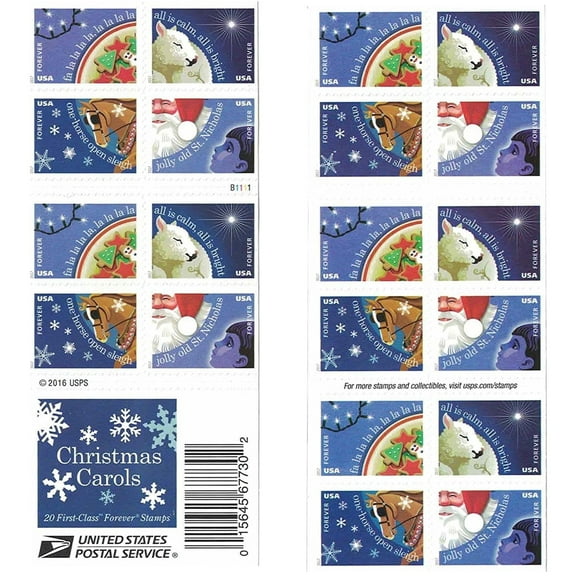 Christmas Carols USPS Forever Postage Stamp 1 Book of 20 First Class Holiday Celebration Gifts Tradition Song (20 Stamps)