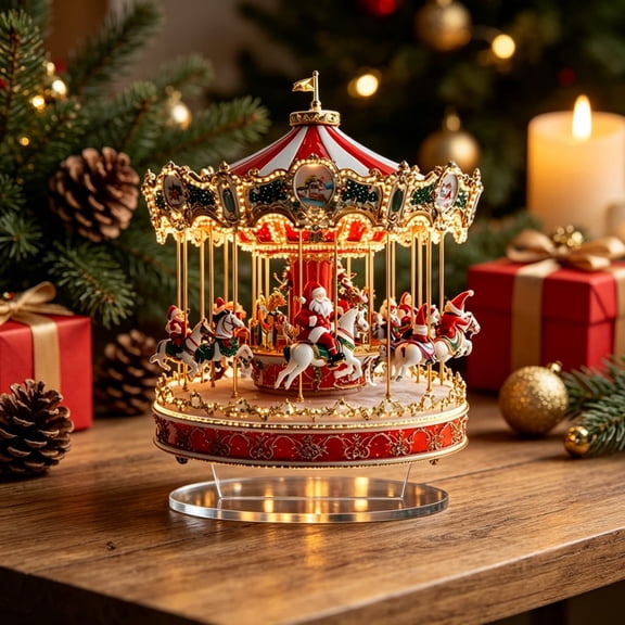 Christmas Carousel Acrylic Ornament, 2D Holiday Display with Carousel Horses Santa Details and Decorative Roof, Tabletop Decoration with Clear Stand for Mantel Shelf Windowsill and Seasonal Parties