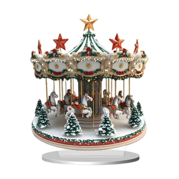 Christmas Carousel Acrylic Stand, 2D Festive Decorative Desktop Ornament, 1 Base 1 Standing Plate Set, Holiday Home Tabletop Display Christmas Gift for Family Friends Xmas Party Indoor Decoration