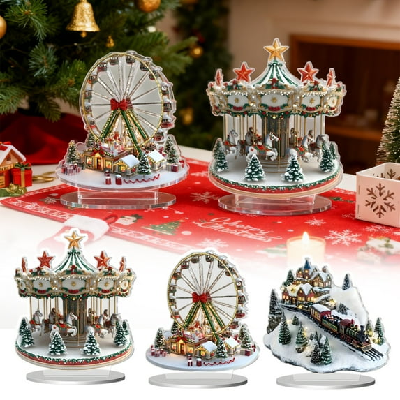 Christmas Carousel Acrylic Table Decor, 2D Holiday Display for Home & Festive Gift, 8 Inch, Indoor Christmas Decorations