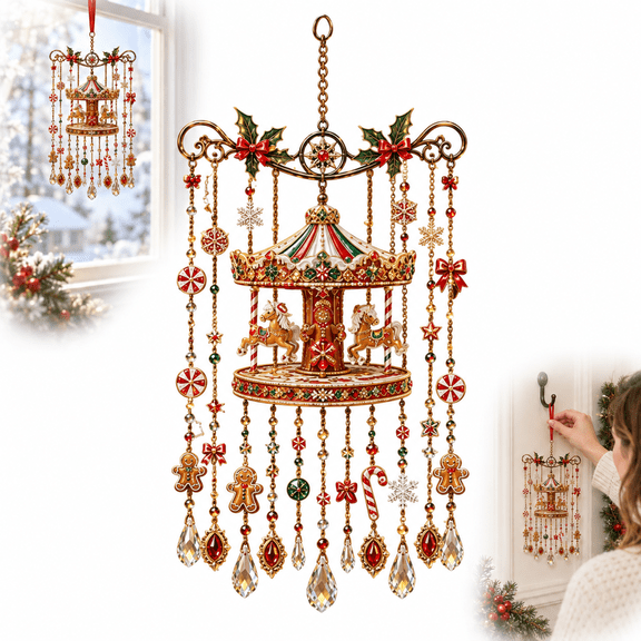 Christmas Carousel Hanging Ornament, Acrylic Holiday Window Decor with Gingerbread Charms, Candy Cane Accents and Crystal-Look Pendants