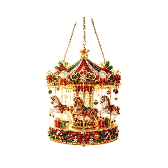 Christmas Carousel Ornament, Beaded Gem-Look Hanging Merry-Go-Round with Horses Tree Decor