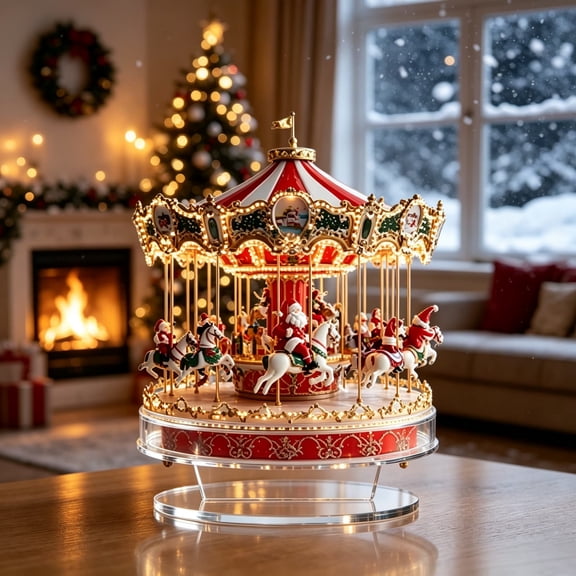 Christmas Carousel Table Decor with Clear Acrylic Stand, 2D Acrylic Holiday Ornament with Red White Roof Golden Details for Home Party Decor