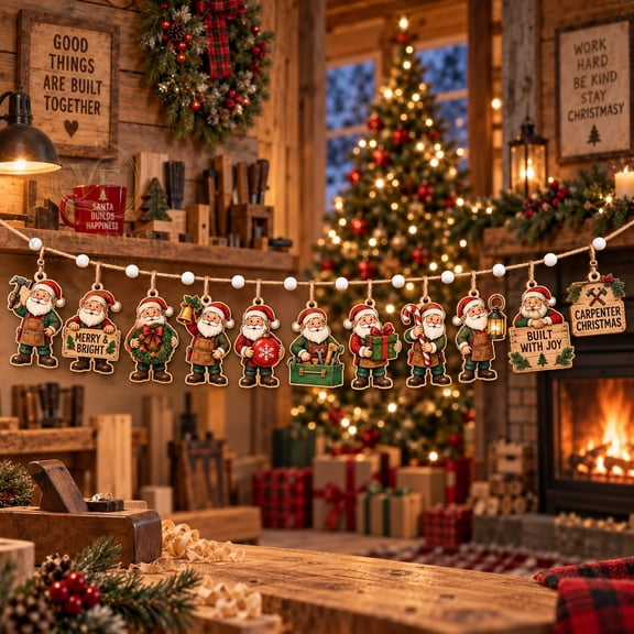 Christmas Carpenter Santa Garland Ornament, Wooden Mantel Hanging for Holiday Home Decor