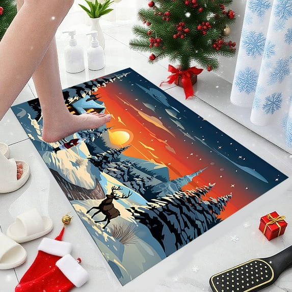 Christmas Carpet Entrance Door Mat Polyester Absorbent Nonslip Dirt Proof Kitchen Bathroom Entryway Porch Easy To Clean Holiday Home Decor