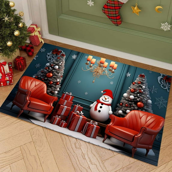Christmas Carpet Entrance Door Mat Polyester Absorbent Nonslip Dirt Proof Kitchen Bathroom Entryway Porch Easy To Clean Holiday Home Decor