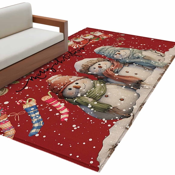 Christmas Cartoon Area Rug 3x5ft Snowman with Christmas Stocking Non-Slip Washable Square Rugs Soft Felt Indoor Floor Mat for Bedroom Kitchen Living Room Bathroom