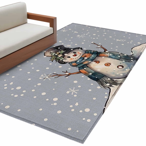 Christmas Cartoon Area Rug 3x5ft Snowman with Snowflakes Blue Non-Slip Washable Square Rugs Soft Felt Indoor Floor Mat for Bedroom Kitchen Living Room Bathroom