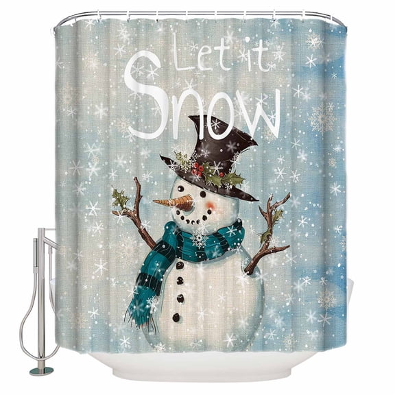 Christmas Cartoon Bathroom Shower Curtains with Hooks, Snowman with Snowflakes Ombre Blue Waterproof Fabric Washable Shower Curtain for Home Hotel Bathtub Decor 60x72 Inch