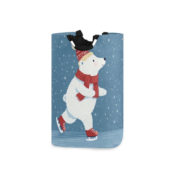 Christmas Cartoon Bear Skating Laundry Basket with Handles Foldable Laundry Hamper Freestanding Washing Bin 50L