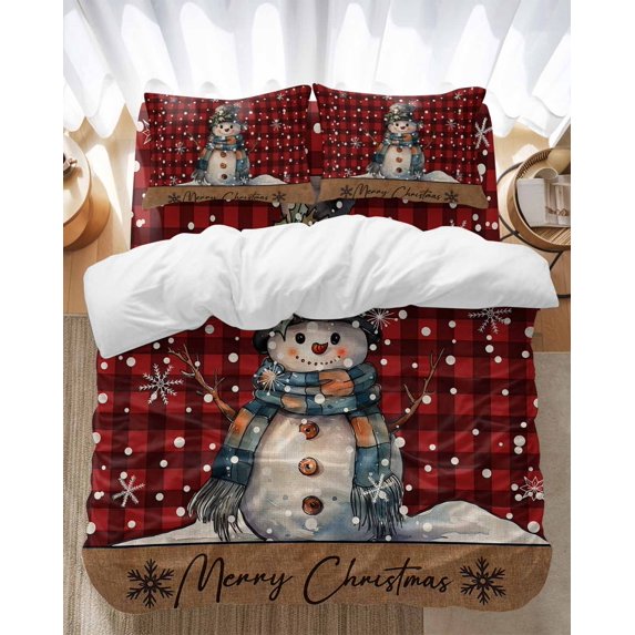 Christmas Cartoon Bedding Duvet Cover Set King Size 4 Pieces Snowman with Snowflakes Red Plaid Bedding Set with Zipper Closure, 1 Comforter Cover 92x106 Inches 1 Flat Sheet & 2 Pillow Cases