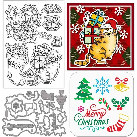 Christmas Cartoon Cat Clear Stamps Cutting Dies PET Painting Stencils for Card Making Comic Cats Gifts Box Silicone Stamp Metal Greetings Die Cuts PET Paint Stencils for DIY Scrapbooking