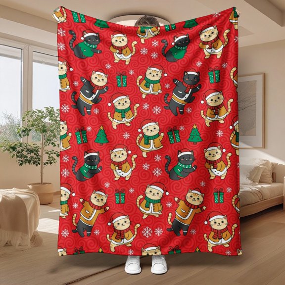 Christmas Cartoon Cat Print Flannel Throw Blanket, Choose From 30 x 40, 40 x 50, 50 x 60, 60 x 80 Inches, Soft Cozy Blanket for Couch
