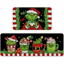 Christmas Cartoon Character Kitchen Rugs Set of 2, Green Xmas Coffee Hohoho Kitchen Mats Decor, Funny Holiday Floor Door Mat Home Decorations - 17x29 and 17x47 Inch