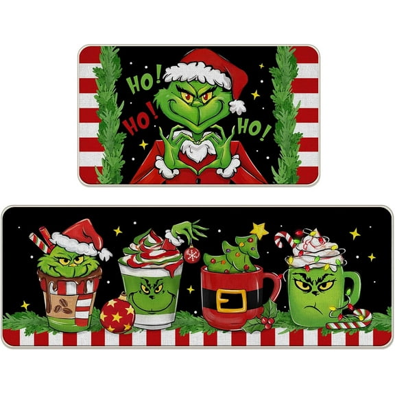 Christmas Cartoon Character Kitchen Rugs Set of 2, Green Xmas Coffee Hohoho Kitchen Mats Decor, Funny Holiday Floor Door Mat Home Decorations - 17x29 and 17x47 Inch