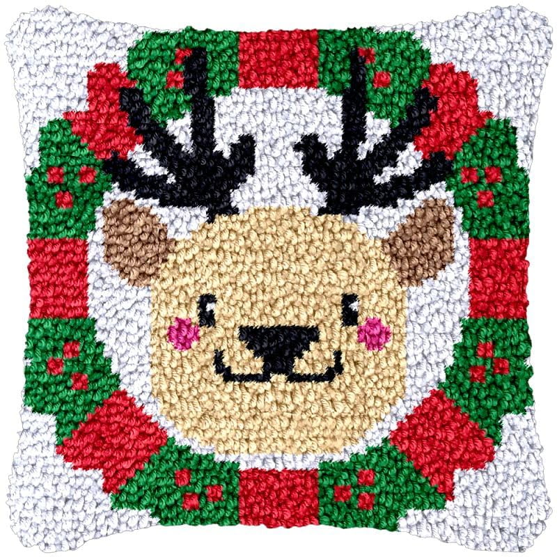Christmas Cartoon Deer Latch Hook Pillow Cover Kits for DIY Handmade Throw Pillow Cross Stitch Latch Hook Pillowcase Rug Cushion Kits with Preprinted Canvas Crochet Yarn Kits Needlework 17'' X 17''