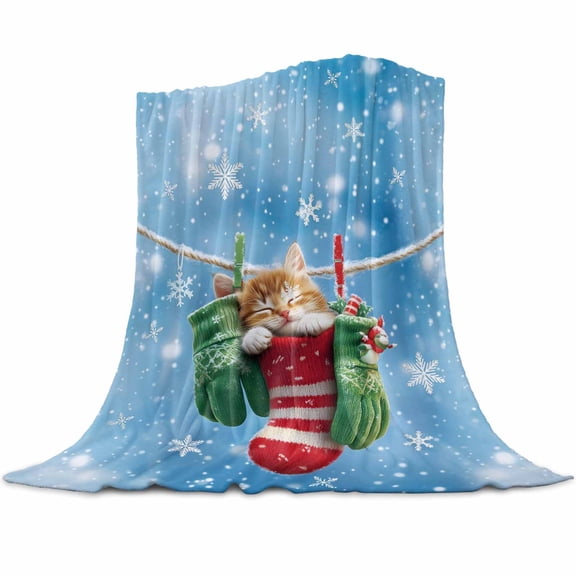 Christmas Cartoon Flannel Blanket for Bed,Travel and Camping, Cat Xmas Sock Snowflake Blue Background Super Soft Cozy Blanket for All Seasons 30"x40"