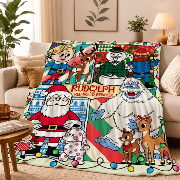 Christmas Cartoon Flannel Throw Blanket, Cozy Cartoon Blanket, Santa Snowman Reindeer Elf Yeti, Colorful Lights, Holiday Design, Sofa Bedroom Travel Camping Gift