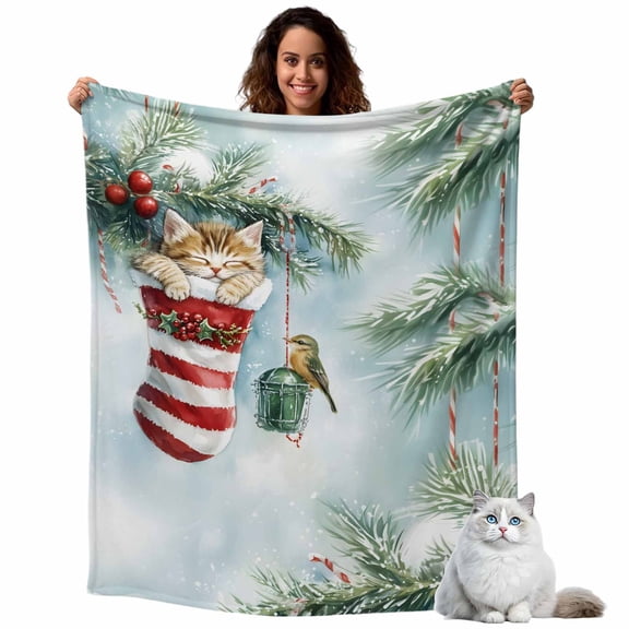 Christmas Cartoon Fleece Throw Blanket Lightweight Xmas Sock Red Berry Cat Bird Fuzzy Flannel Throws Super Soft Cozy Flannel Blanket for Couch, Sofa, Bed, Travel 40"x50"