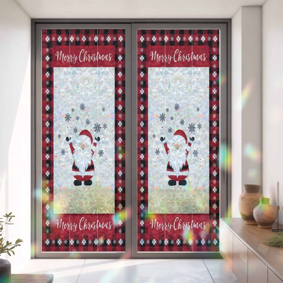 Christmas Cartoon Gnome and Snowflakes Window Privacy Film,Decorative Windows Static Cling Red and Black Check Heat Control Removable Glass Sticker for Bathroom Bedroom Window Door,35.4x78.7in